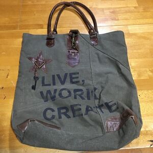 Live Work Create Vintage Tote Bag olive green brown straps used good condition